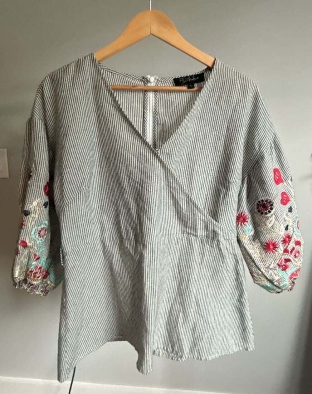 RD & Koko Striped Wrap Top with Floral Embroidery